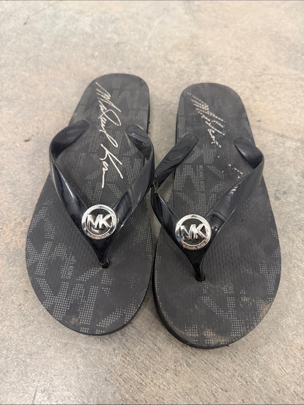 Michael Kors Black Logo MK Thong Sandals with Silver Medallions